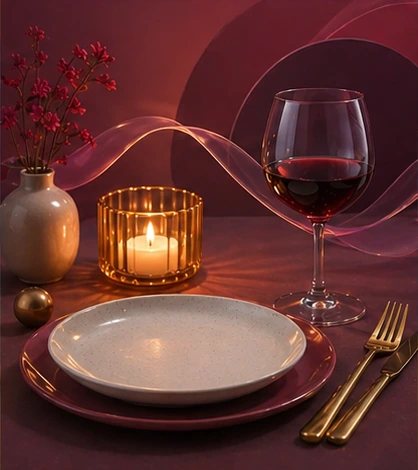 Dinner scene with candle and wine glass