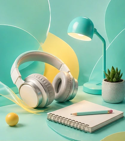 Focus scene with headphones and desk lamp