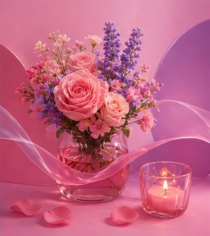 Romance scene with flowers and candle