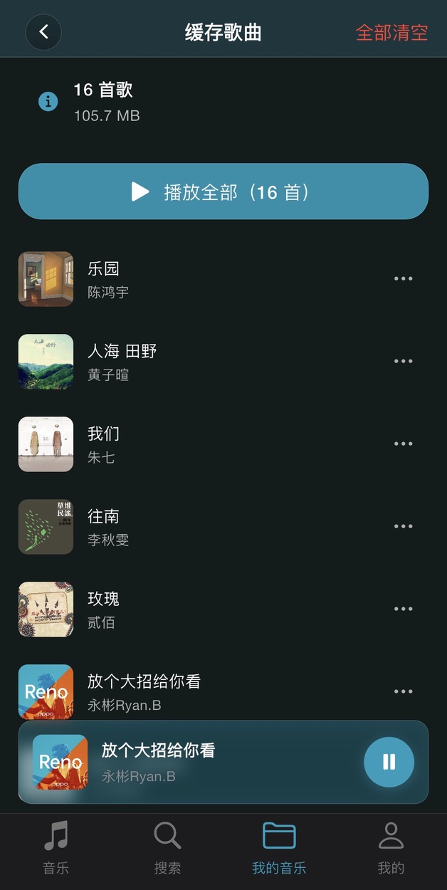 Sha Music 已缓存歌曲界面