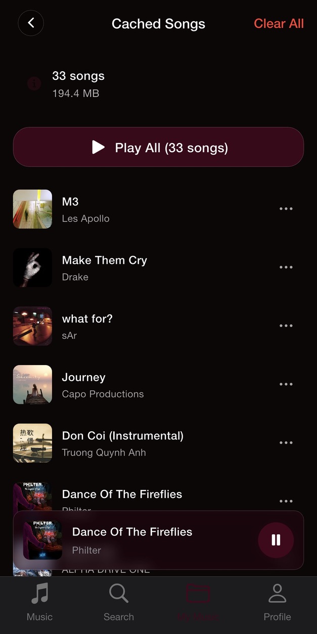 Sha Music cached songs screen